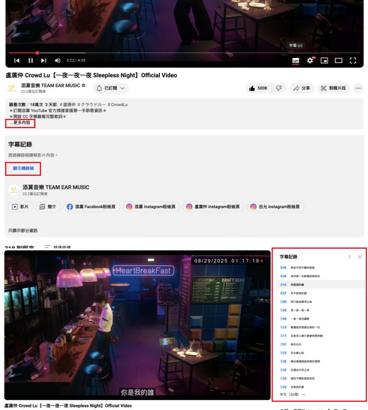 YouTube 顯示轉錄稿